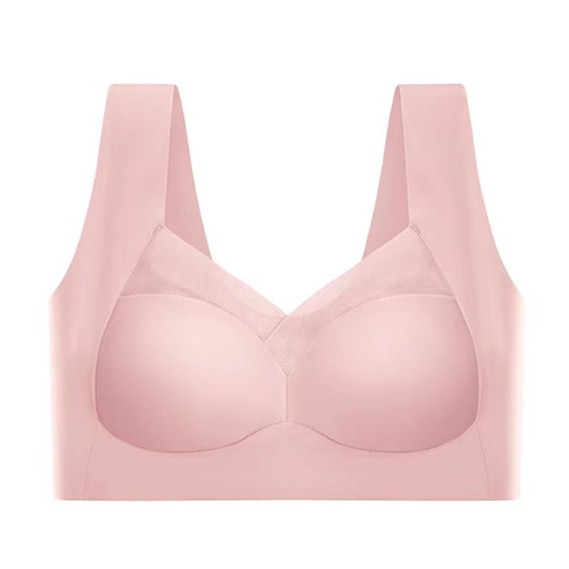 Rosa nahtloser BH ohne Bügel, bequemes Design, breite Träger, ideal für Alltag und Sport, Damenunterwäsche, weiches Material.