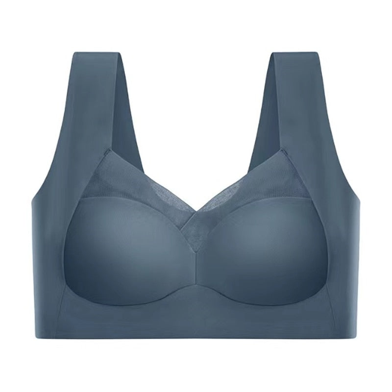 Dunkelblauer, nahtloser Damen-BH mit breiten Trägern und Mesh-Details. Bequeme Unterwäsche, ideal für Alltag und Sport. Hochwertiges Material.