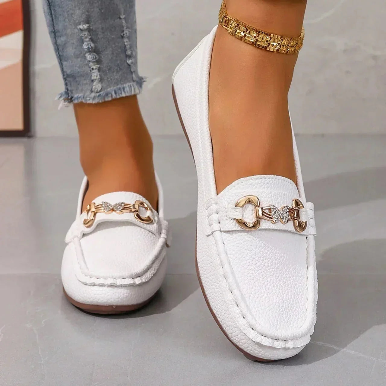 Damen Sommer-Loafer Slip-On Gepolsterte Innensohle Schmetterlings-Detail