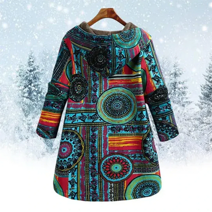 Bunter Damen-Wintermantel mit Kapuze, ethnisches Muster, warm, stilvoll, ideal für kalte Wintertage, modisches Design, Outdoor-Bekleidung.