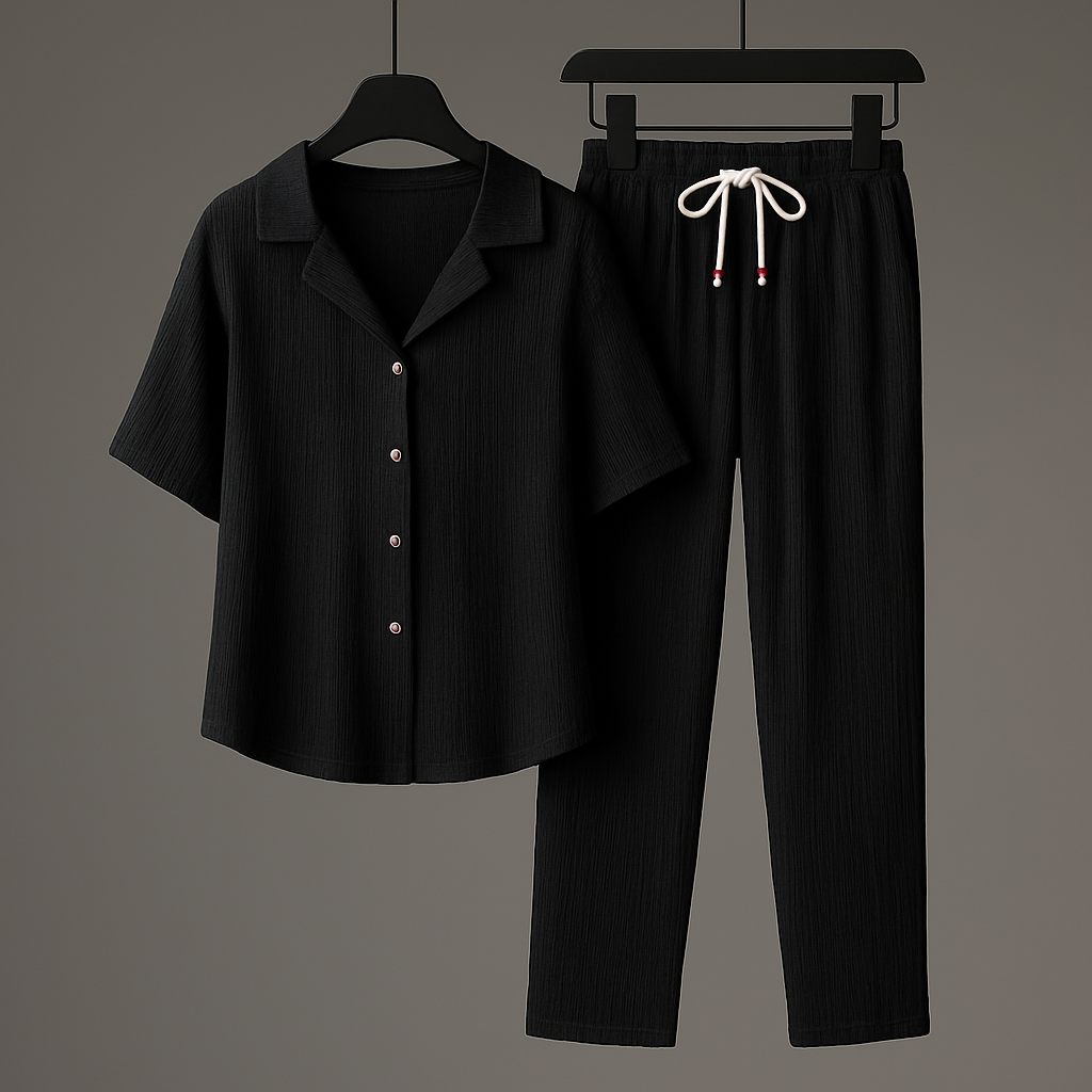 Men's Summer Set with Textured Look – Cord Pants and Shirt with Open Collar