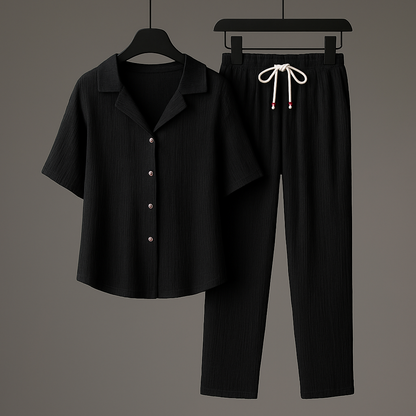 Men's Summer Set with Textured Look – Cord Pants and Shirt with Open Collar