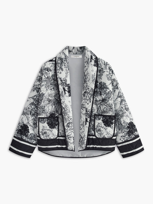 Women's autumn jacket with artistic print, open front, and utility pockets