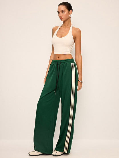 Damen Sweatpants mit weitem Bein und seitlichem Streifen, mittelhoher Bund, elastischer Taillenbund