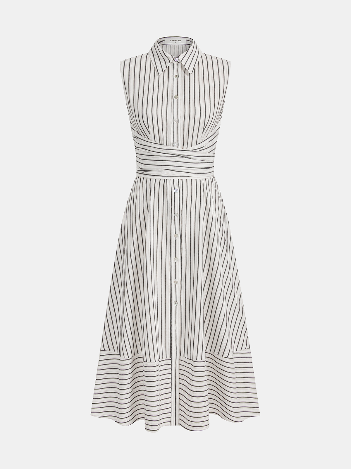 Gestreiftes Damen-Midikleid mit Kragen, ärmellos und Bindegürtel