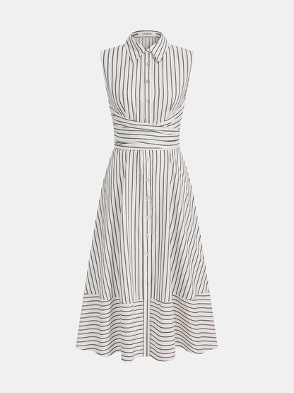 Gestreiftes Damen-Midikleid mit Kragen, ärmellos und Bindegürtel