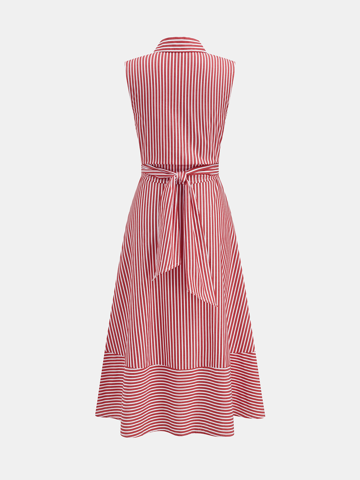 Gestreiftes Damen-Midikleid mit Kragen, ärmellos und Bindegürtel