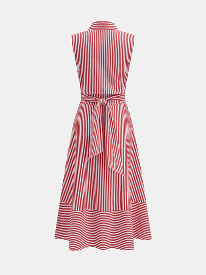 Gestreiftes Damen-Midikleid mit Kragen, ärmellos und Bindegürtel