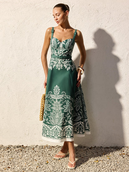 Damen Maxikleid mit Barockem Blumenmuster – Bindegürtel Quadratischer Ausschnitt
