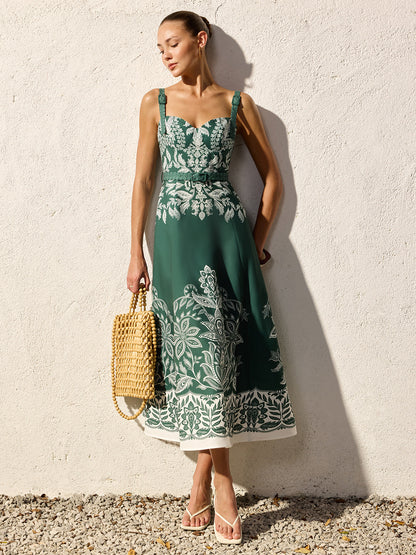Damen Maxikleid mit Barockem Blumenmuster – Bindegürtel Quadratischer Ausschnitt