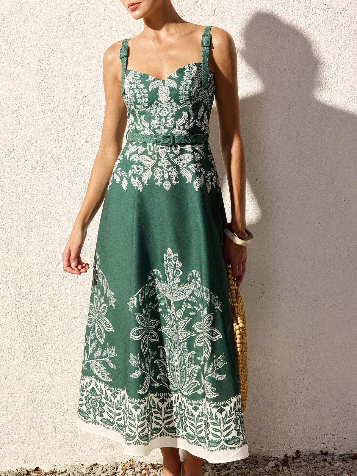 Damen Maxikleid mit Barockem Blumenmuster – Bindegürtel Quadratischer Ausschnitt