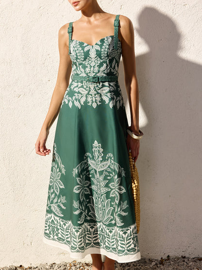 Damen Maxikleid mit Barockem Blumenmuster – Bindegürtel Quadratischer Ausschnitt