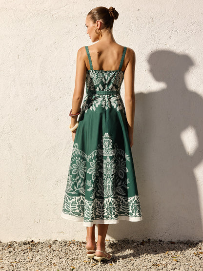 Damen Maxikleid mit Barockem Blumenmuster – Bindegürtel Quadratischer Ausschnitt