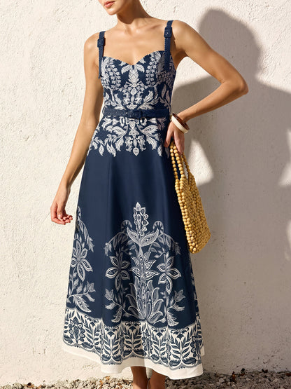 Damen Maxikleid mit Barockem Blumenmuster – Bindegürtel Quadratischer Ausschnitt