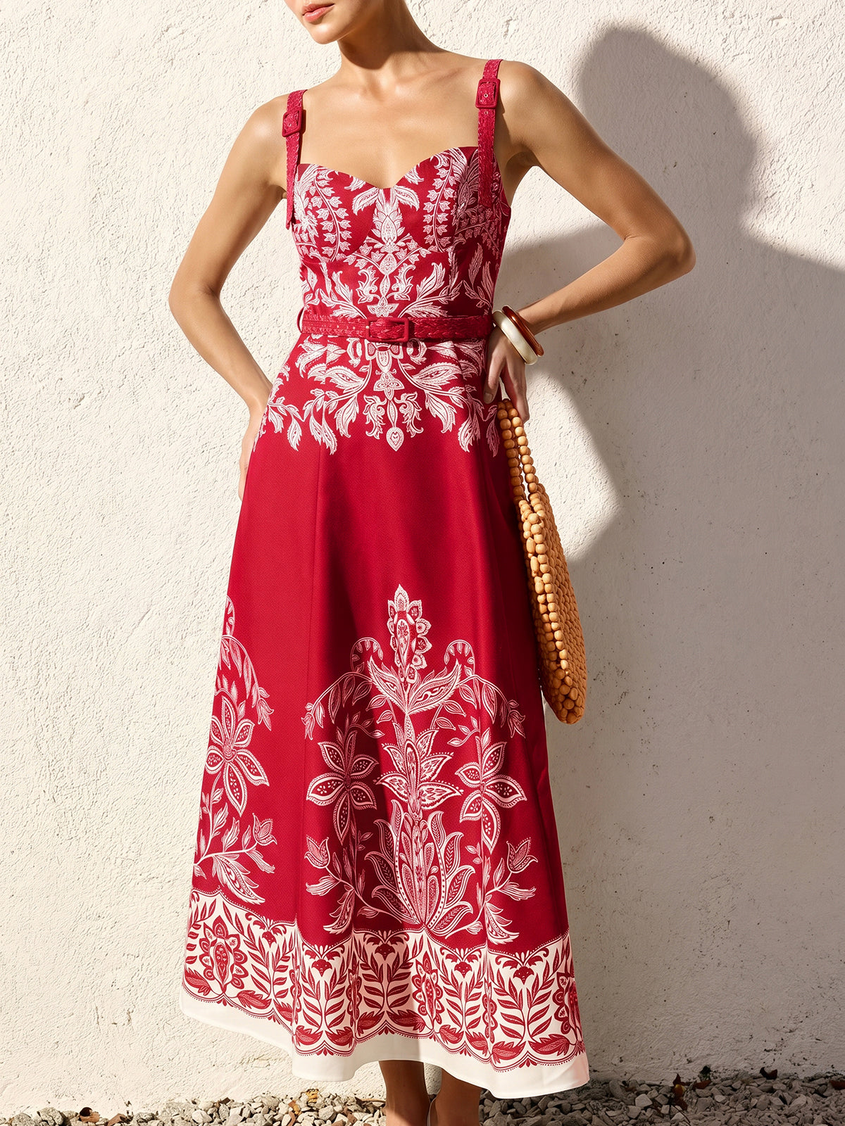 Damen Maxikleid mit Barockem Blumenmuster – Bindegürtel Quadratischer Ausschnitt