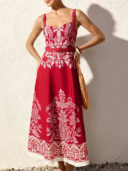 Damen Maxikleid mit Barockem Blumenmuster – Bindegürtel Quadratischer Ausschnitt
