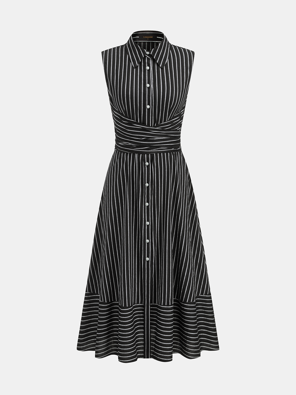 Gestreiftes Damen-Midikleid mit Kragen, ärmellos und Bindegürtel