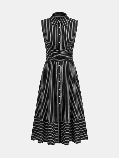 Gestreiftes Damen-Midikleid mit Kragen, ärmellos und Bindegürtel