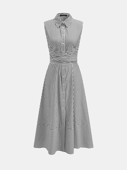 Gestreiftes Damen-Midikleid mit Kragen, ärmellos und Bindegürtel