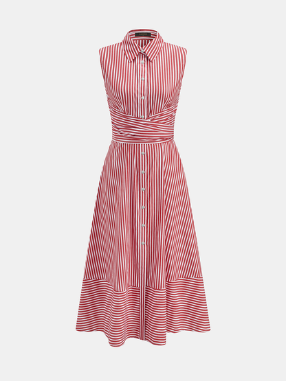 Gestreiftes Damen-Midikleid mit Kragen, ärmellos und Bindegürtel