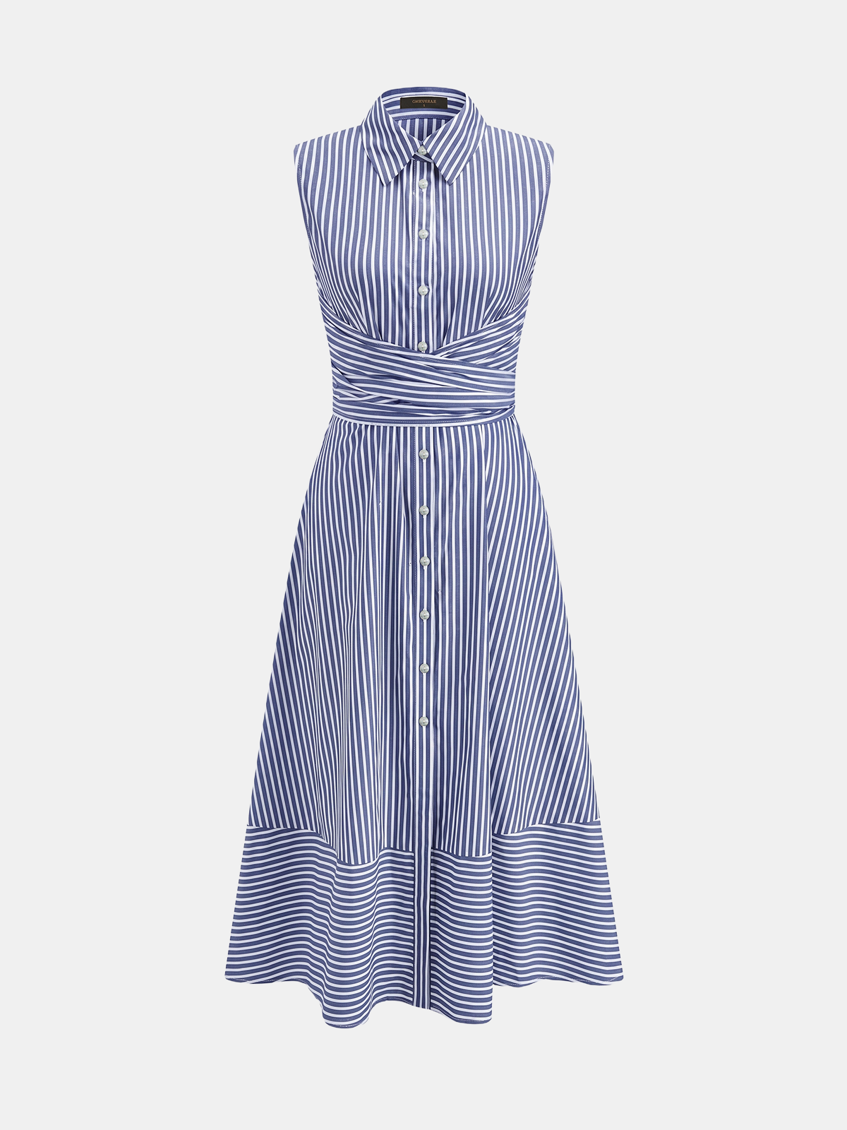 Gestreiftes Damen-Midikleid mit Kragen, ärmellos und Bindegürtel