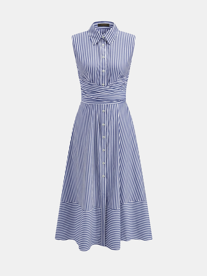 Gestreiftes Damen-Midikleid mit Kragen, ärmellos und Bindegürtel