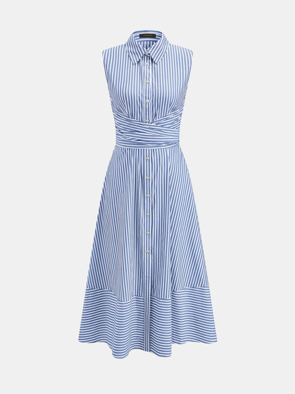 Gestreiftes Damen-Midikleid mit Kragen, ärmellos und Bindegürtel