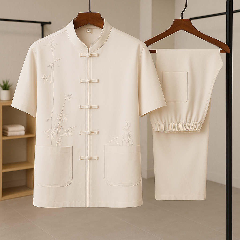 Men's Summer Traditional Set – Embroidered Top with Knot Closure and Straight Pants