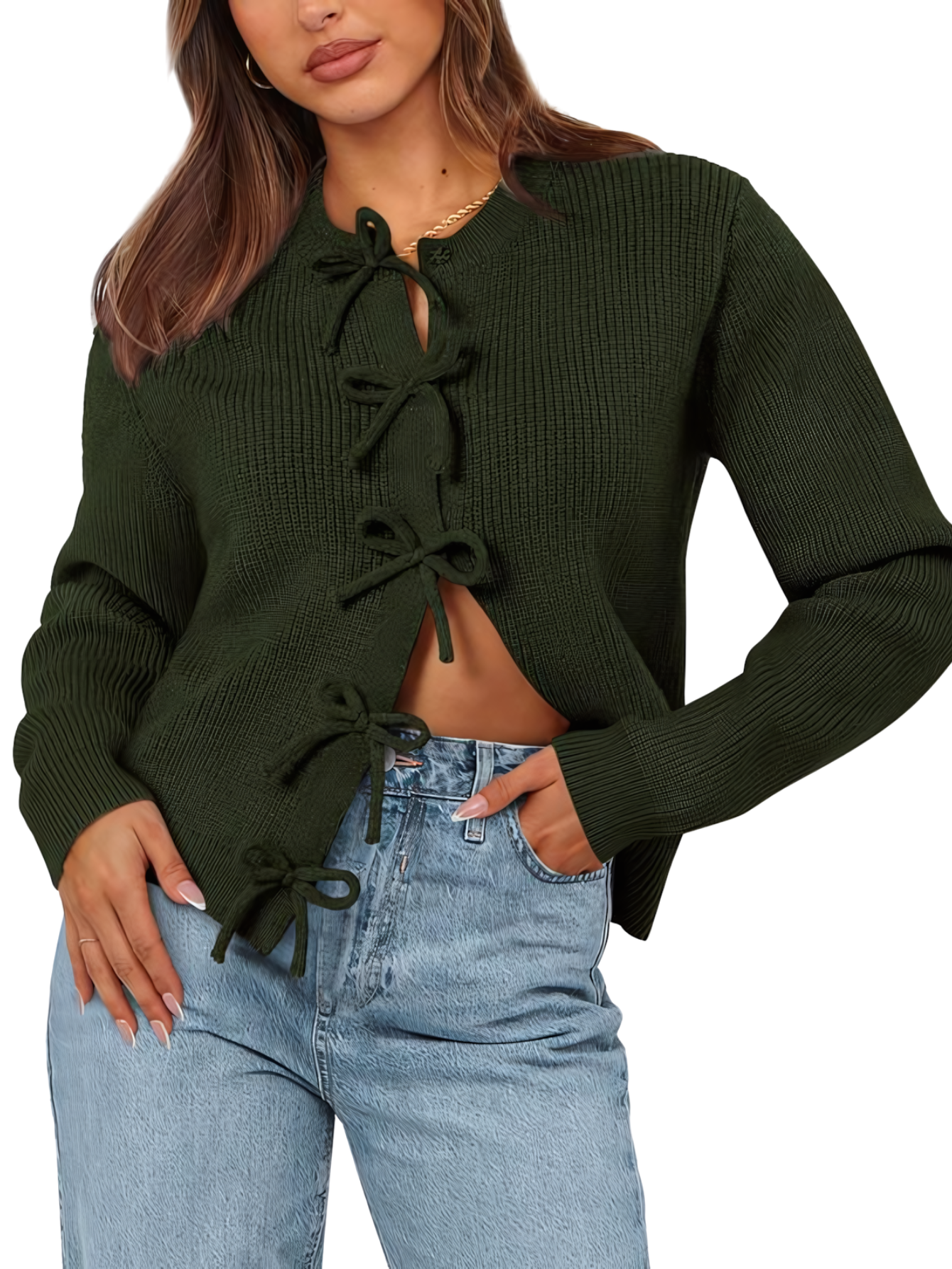 Damen Strickjacke für den Herbst mit Schleifenbindung, offenem Vorderteil und Rundhalsausschnitt