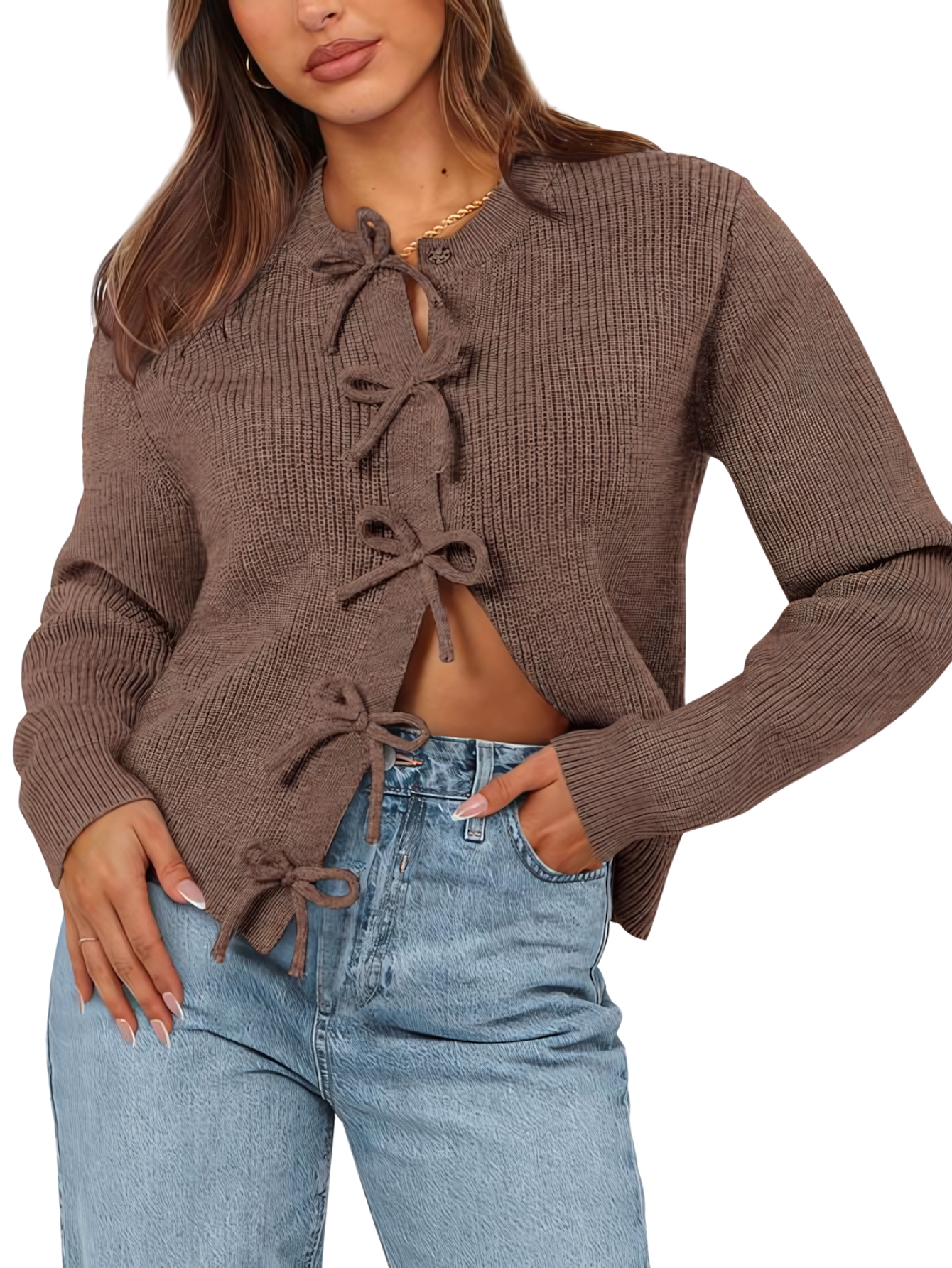 Damen Strickjacke für den Herbst mit Schleifenbindung, offenem Vorderteil und Rundhalsausschnitt