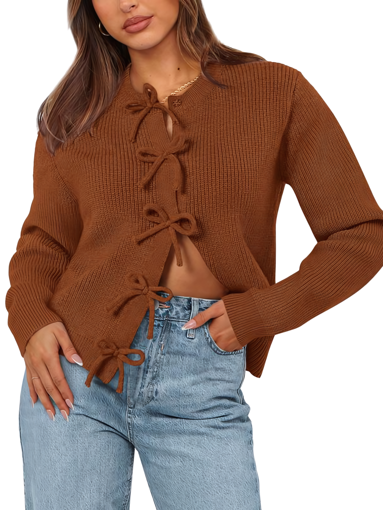 Damen Strickjacke für den Herbst mit Schleifenbindung, offenem Vorderteil und Rundhalsausschnitt
