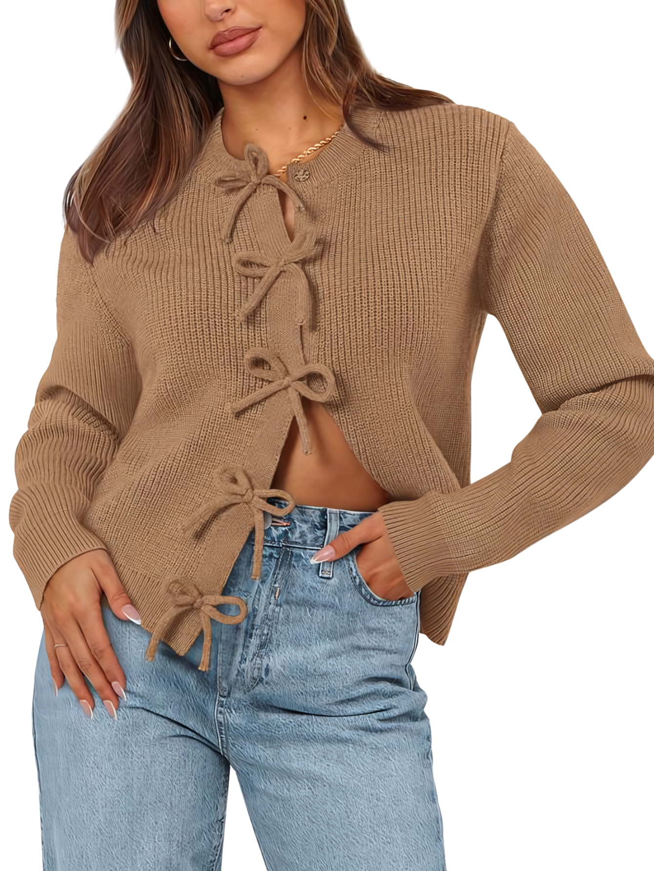 Damen Strickjacke für den Herbst mit Schleifenbindung, offenem Vorderteil und Rundhalsausschnitt