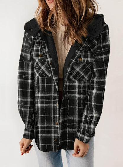 Damen Herbst Jacke Karo Kapuze Langarm Taschen Fleece Futter Style