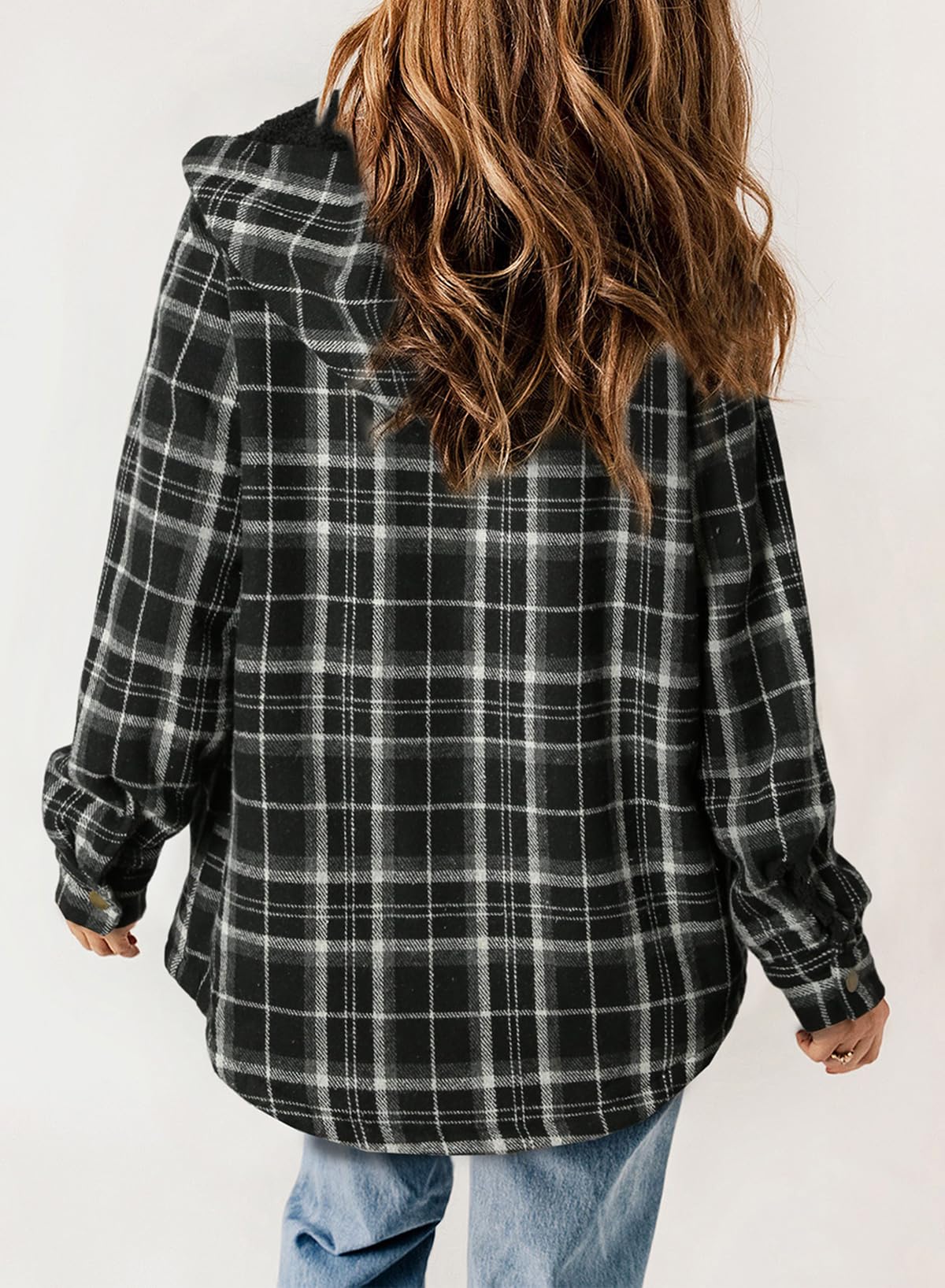 Damen Herbst Jacke Karo Kapuze Langarm Taschen Fleece Futter Style