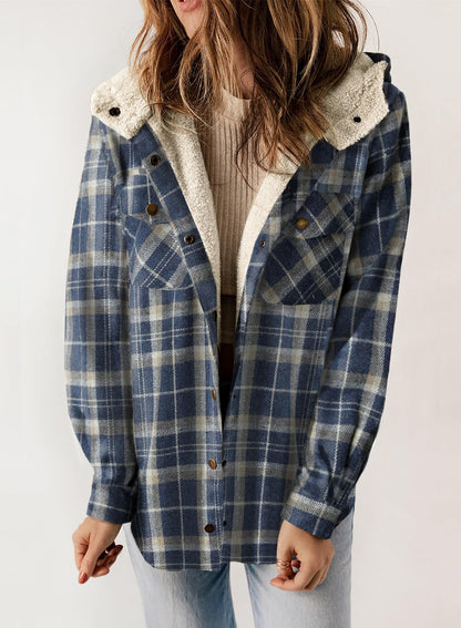 Damen Herbst Jacke Karo Kapuze Langarm Taschen Fleece Futter Style