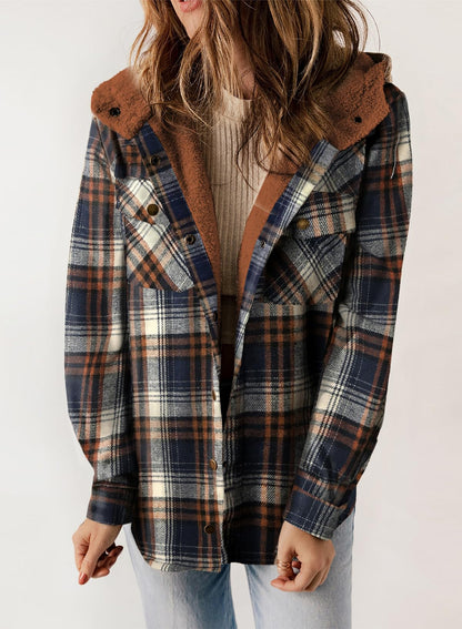 Damen Herbst Jacke Karo Kapuze Langarm Taschen Fleece Futter Style