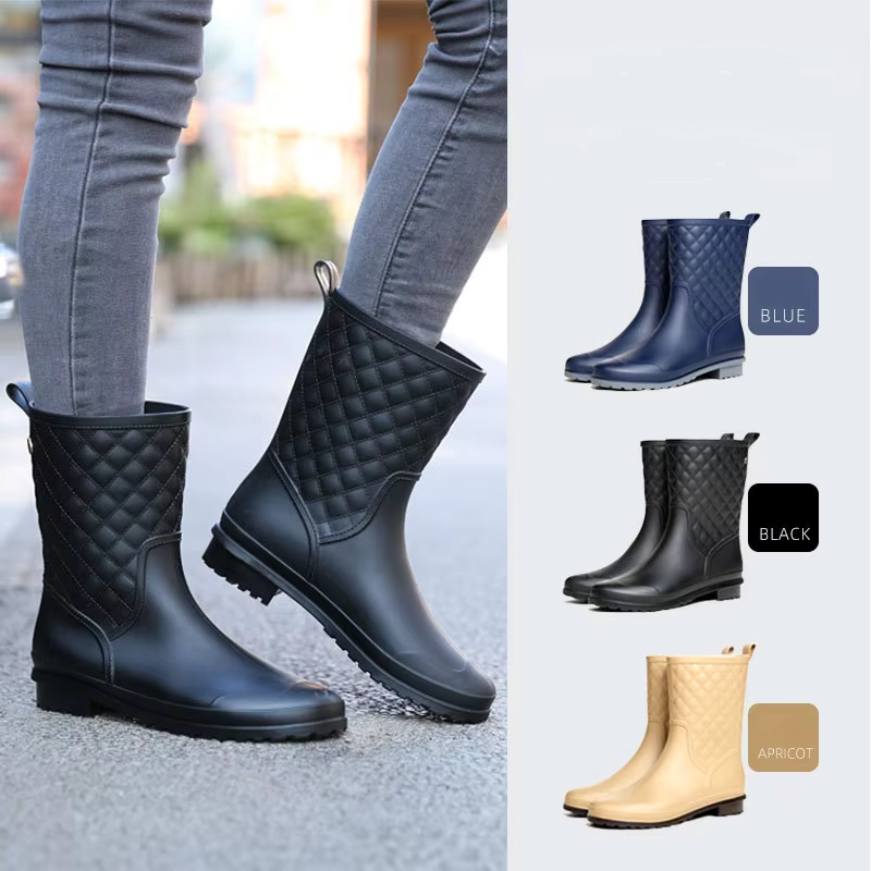 Kariert gemusterte Damen-Regenstiefel mit markantem Plateau