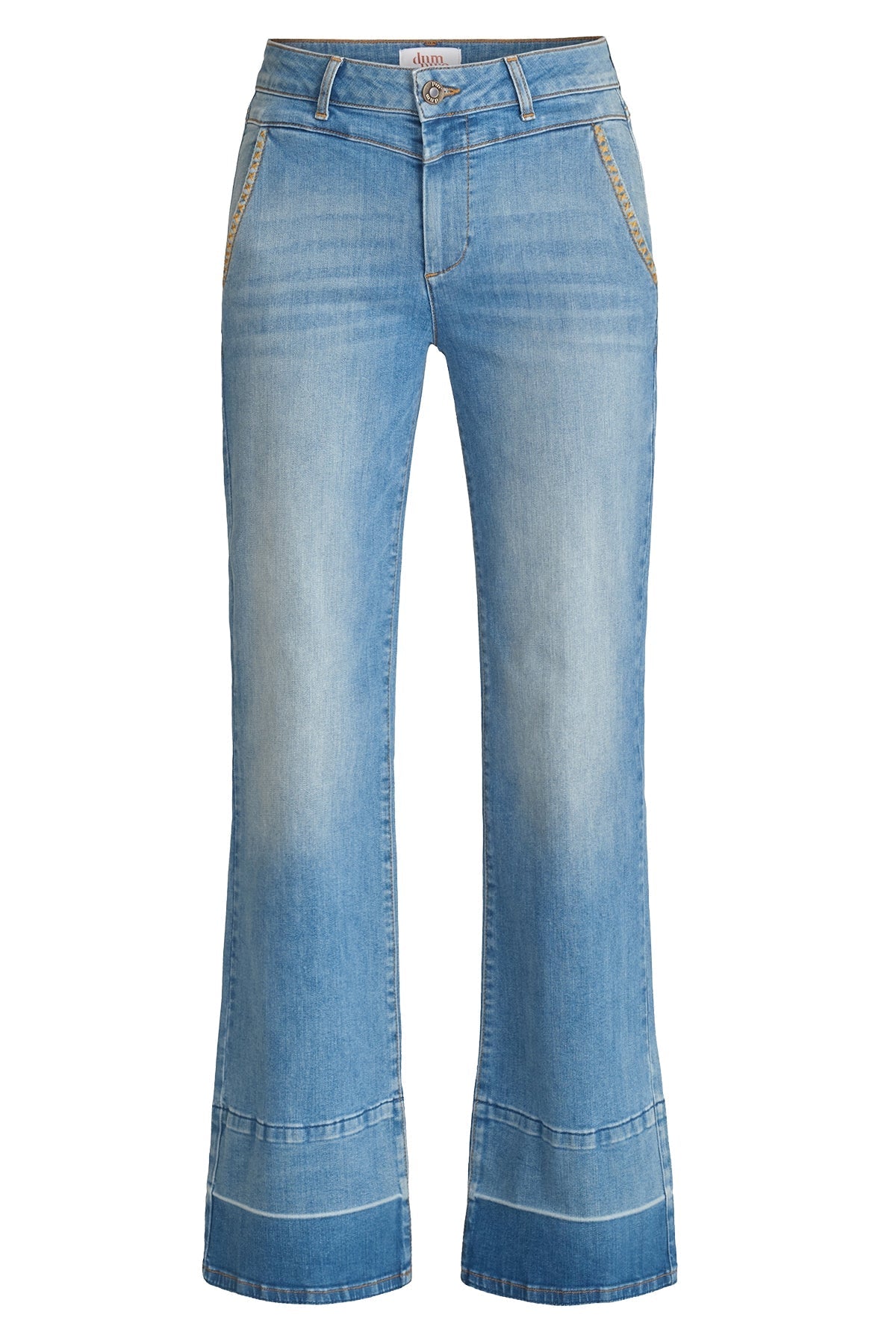 Blaue Damen-Jeans mit ausgestelltem Bein, heller Waschung und Ziernähten. Modische Schlaghose, ideal für trendige Freizeitoutfits.