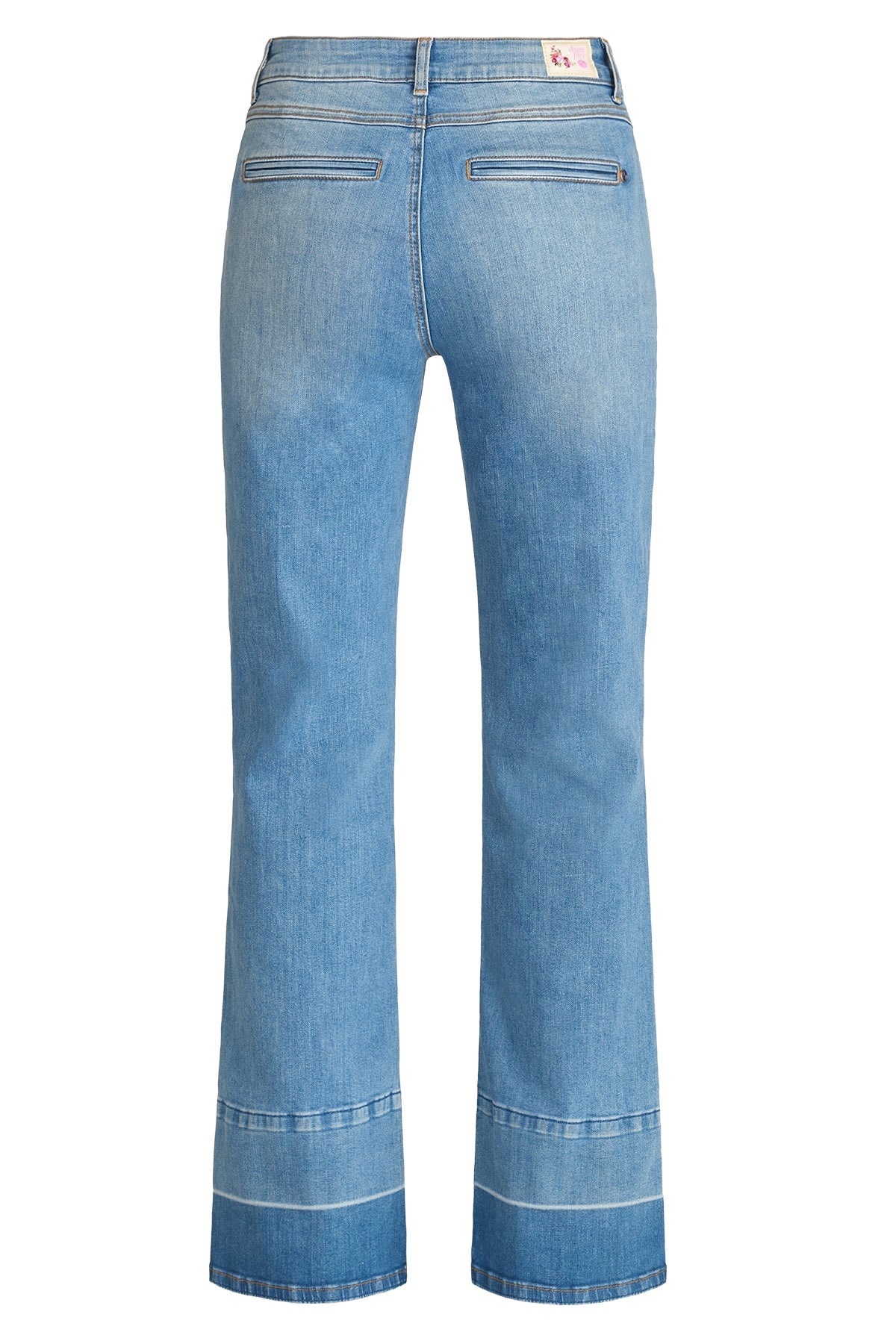 Blaue Damenjeans mit geradem Bein, hoher Taille und Ziernähten. Modische Denim-Hose, ideal für Freizeitoutfits. Rückansicht.