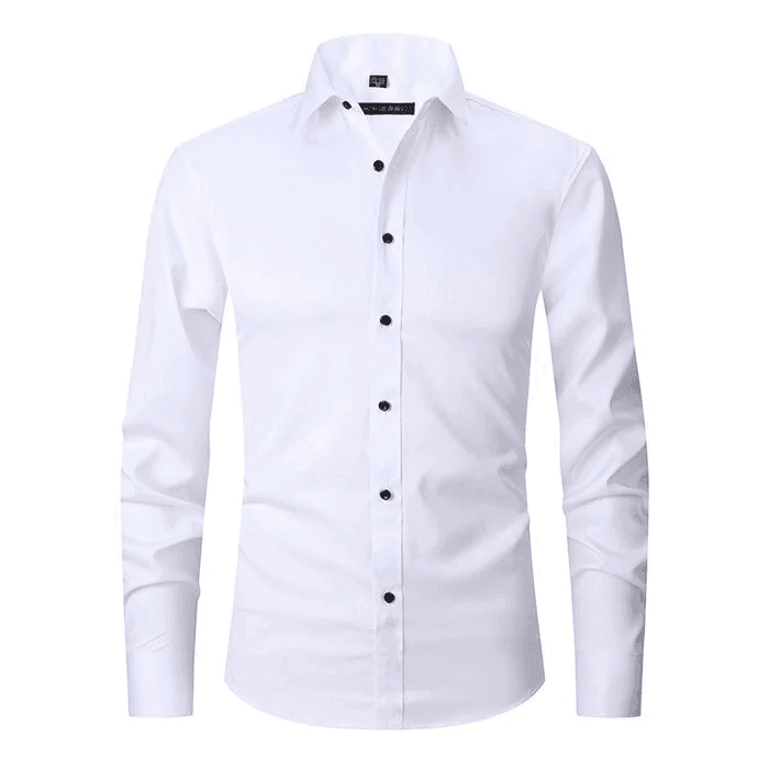 Weiße Herrenhemd mit langen Ärmeln und schwarzen Knöpfen, klassischer Kragen, elegantes Design, ideal für Business und formelle Anlässe.