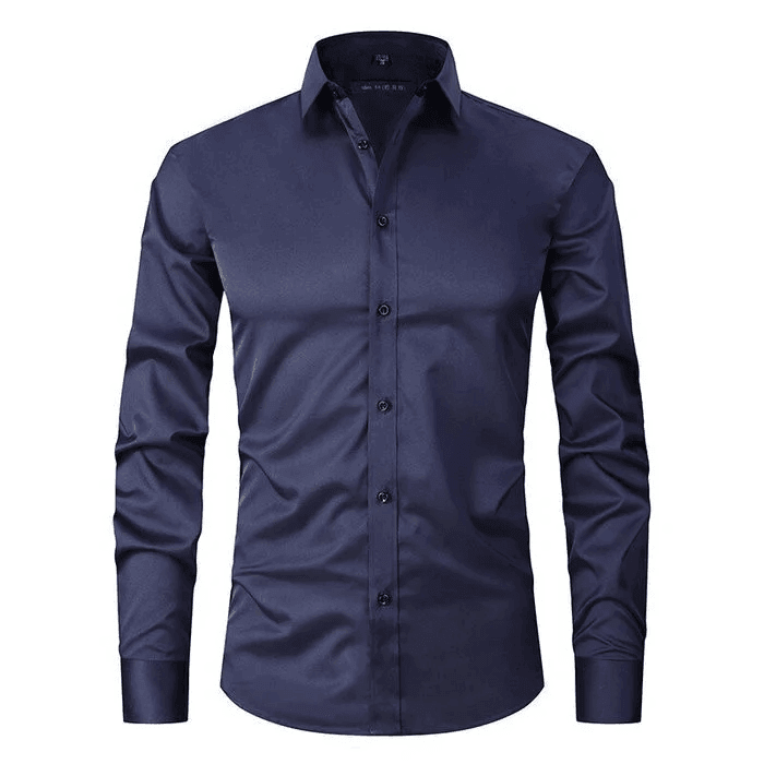 Dunkelblaues Herrenhemd, langärmelig, klassischer Kragen, Knopfleiste, elegantes Design, ideal für Business und Freizeit.
