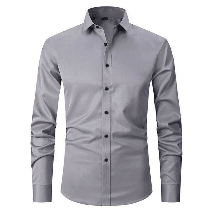 Graues Herrenhemd mit langen Ärmeln, Knopfleiste und klassischem Kragen. Elegantes Design, ideal für Business und Freizeit. Hochwertige Baumwolle.