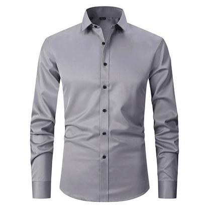 Graues Herrenhemd mit langen Ärmeln, Knopfleiste und klassischem Kragen. Elegantes Design, ideal für Business und Freizeit. Hochwertige Baumwolle.