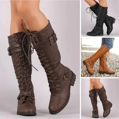 Damenstiefel aus Leder in Braun, Schwarz und Cognac mit Schnürung und Schnallen, kniehoch, modisch, robust, ideal für Herbst und Winter.