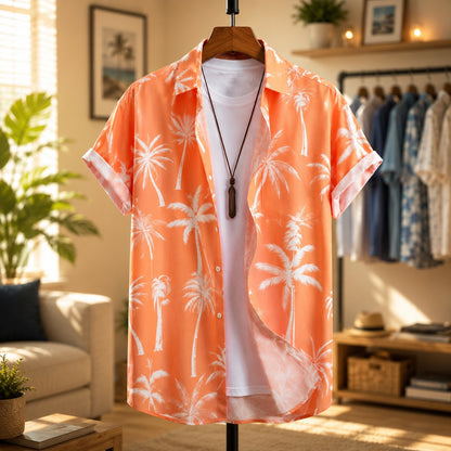 Herren Sommerhemd mit Palmenprint – Knopfleiste Reverskragen Lockerer Schnitt