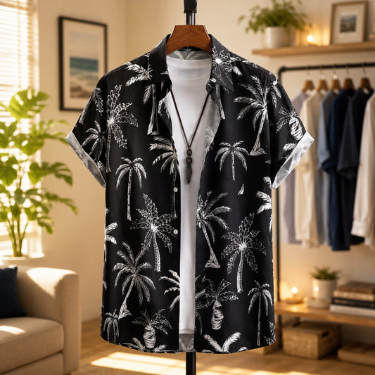 Herren Sommerhemd mit Palmenprint – Knopfleiste Reverskragen Lockerer Schnitt