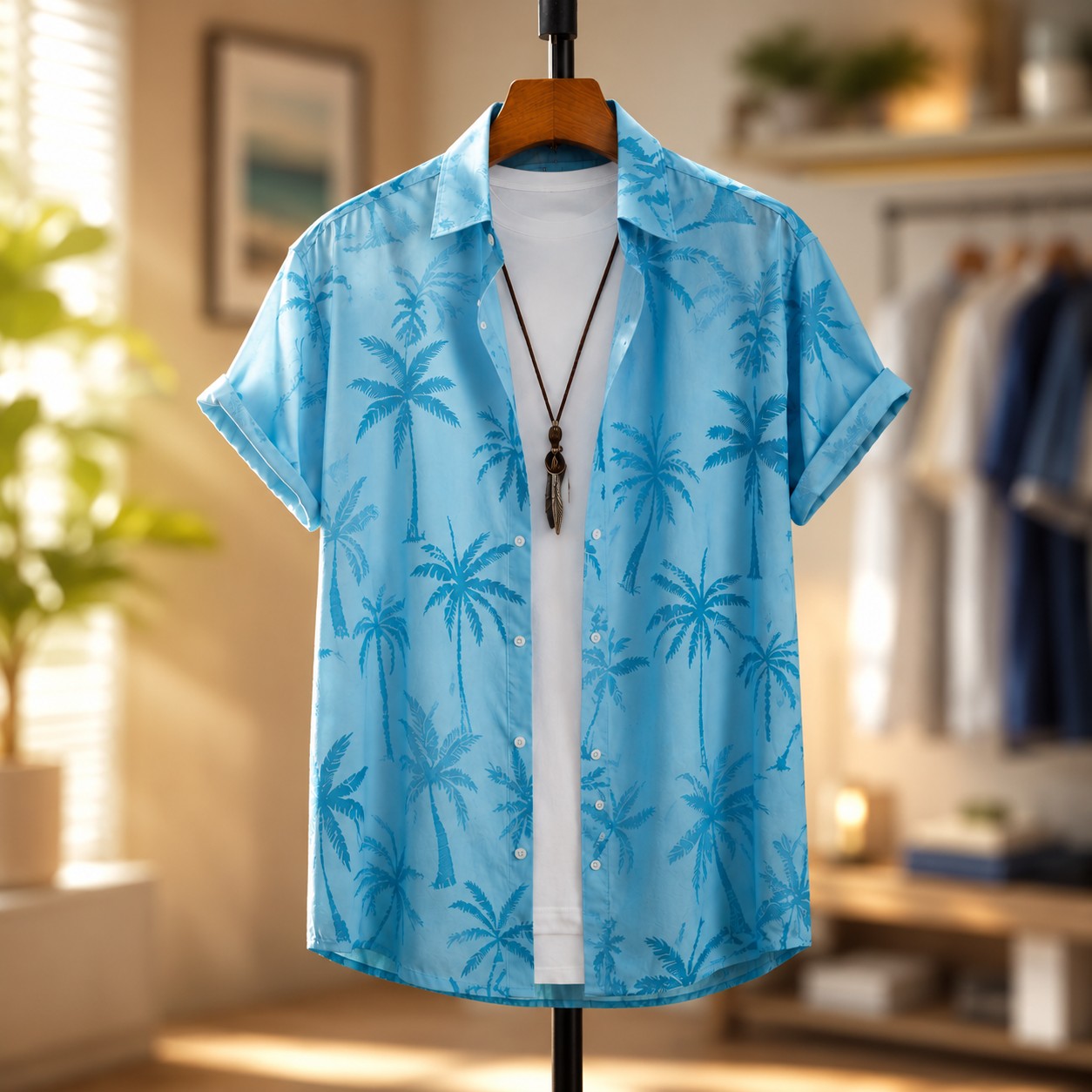 Herren Sommerhemd mit Palmenprint – Knopfleiste Reverskragen Lockerer Schnitt