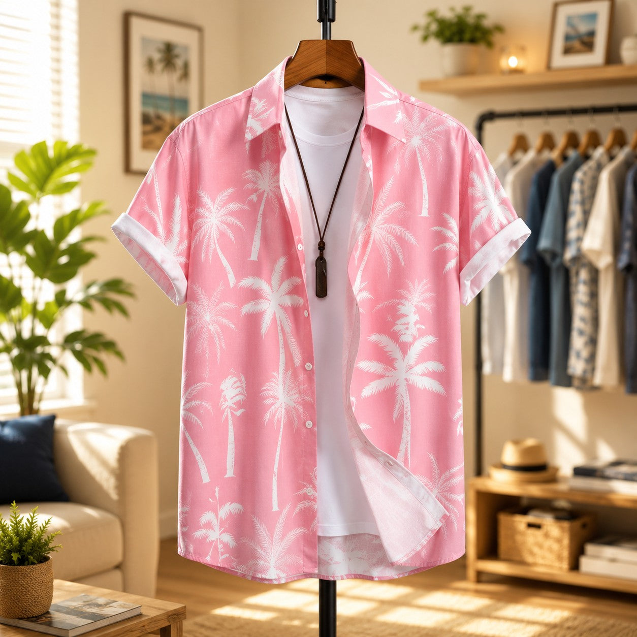 Herren Sommerhemd mit Palmenprint – Knopfleiste Reverskragen Lockerer Schnitt
