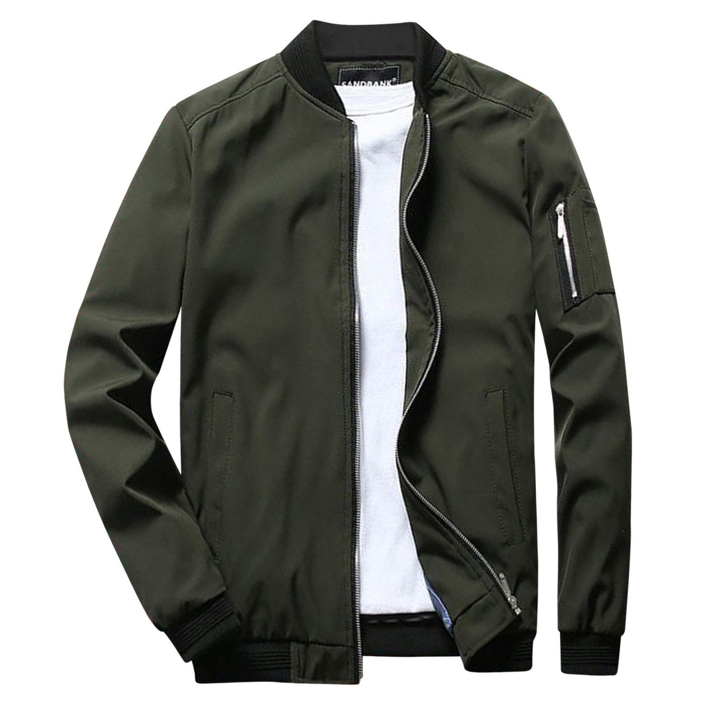 Dunkelgrüne Bomberjacke für Herren, Reißverschluss, Taschen, lässiger Stil, ideal für Herbstmode, kombiniert mit weißem T-Shirt.