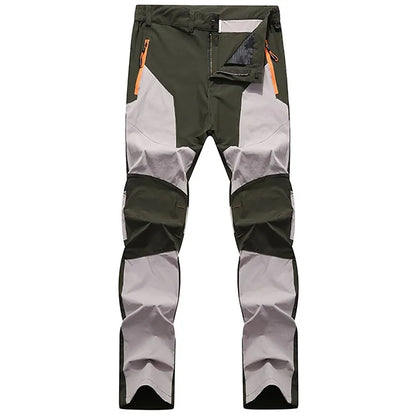 Grüne und graue Outdoor-Hose mit Reißverschlusstaschen, strapazierfähigem Material, ideal für Wandern und Trekking. Herrenbekleidung, funktional.